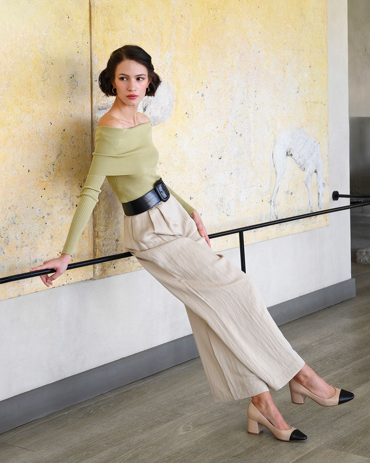 Beige High-Heel Pump with Black Cap Toe